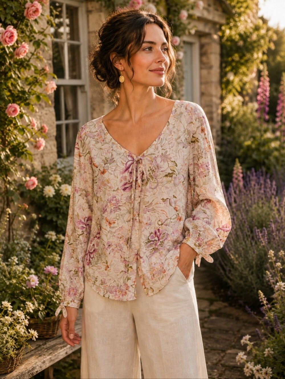 Anthropologie Maeve Floral Tie Sleeve Blouse XS Cottagecore Romantic
